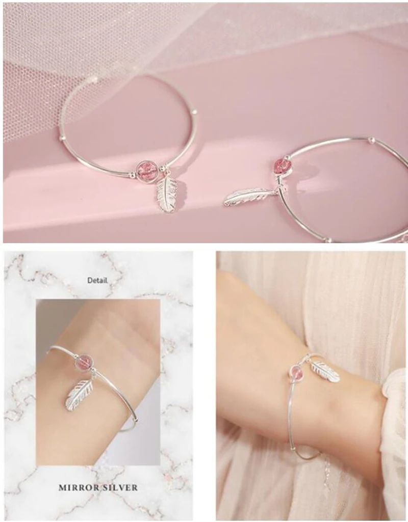 

Trendy Bracelet for Woman Anniversary Gift Pink Glass Bead Feather Adjustable Charm Bracelet