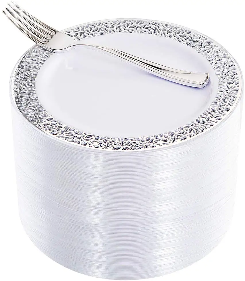 25 шт. Серебристые десертные тарелки с одноразовыми вилками набор кружевных