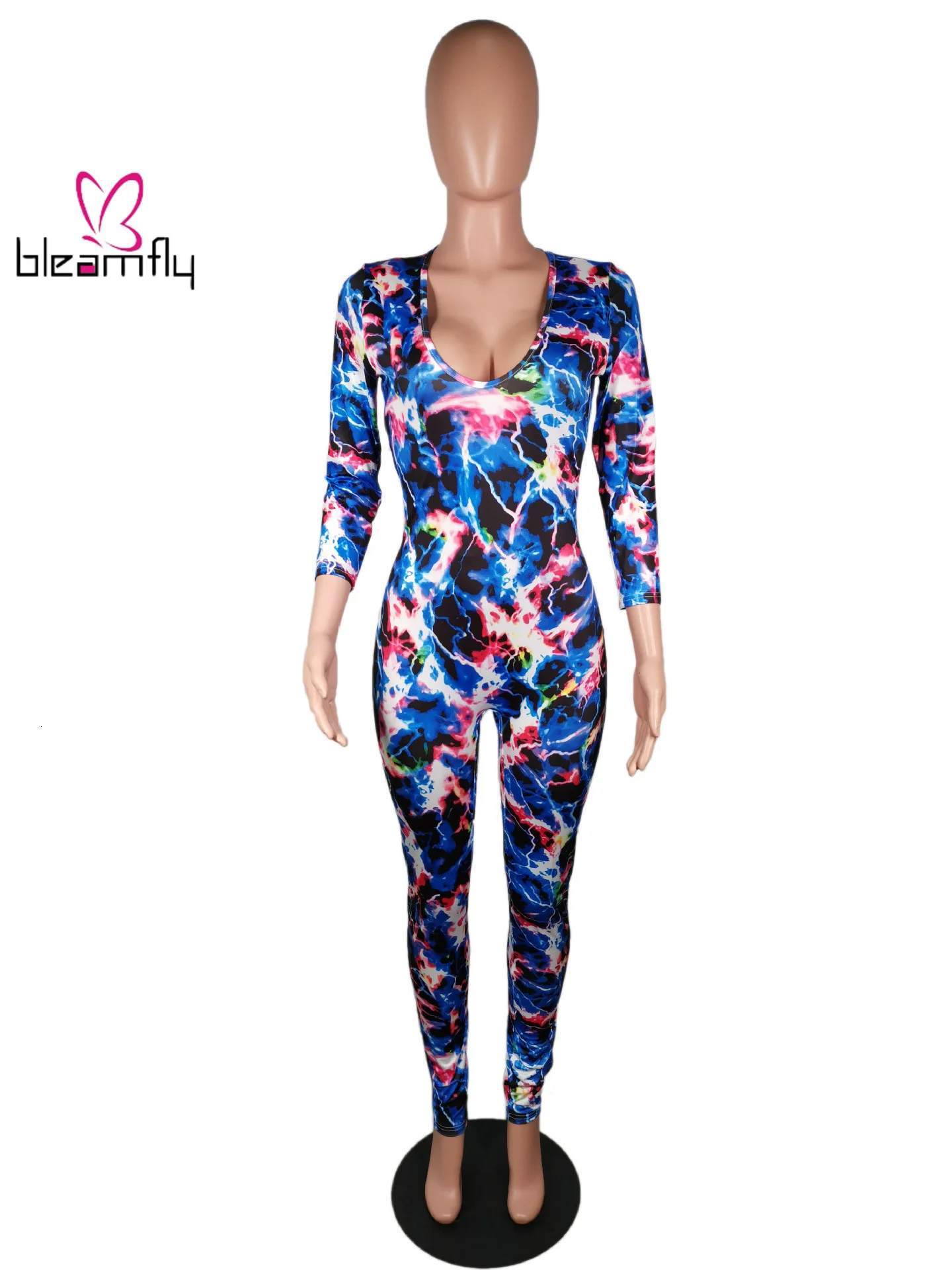 Осенний женский комбинезон с рисунком Галактики v образный вырез длинный рукав