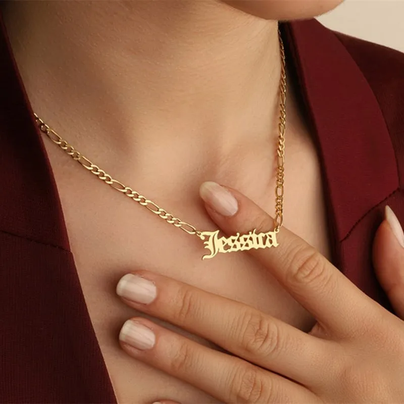

VishowCo Custom Name Necklace Stainless Steel Personalized Figaro Chain Gold Pendant Nameplate Necklace For Best Friend Gifts