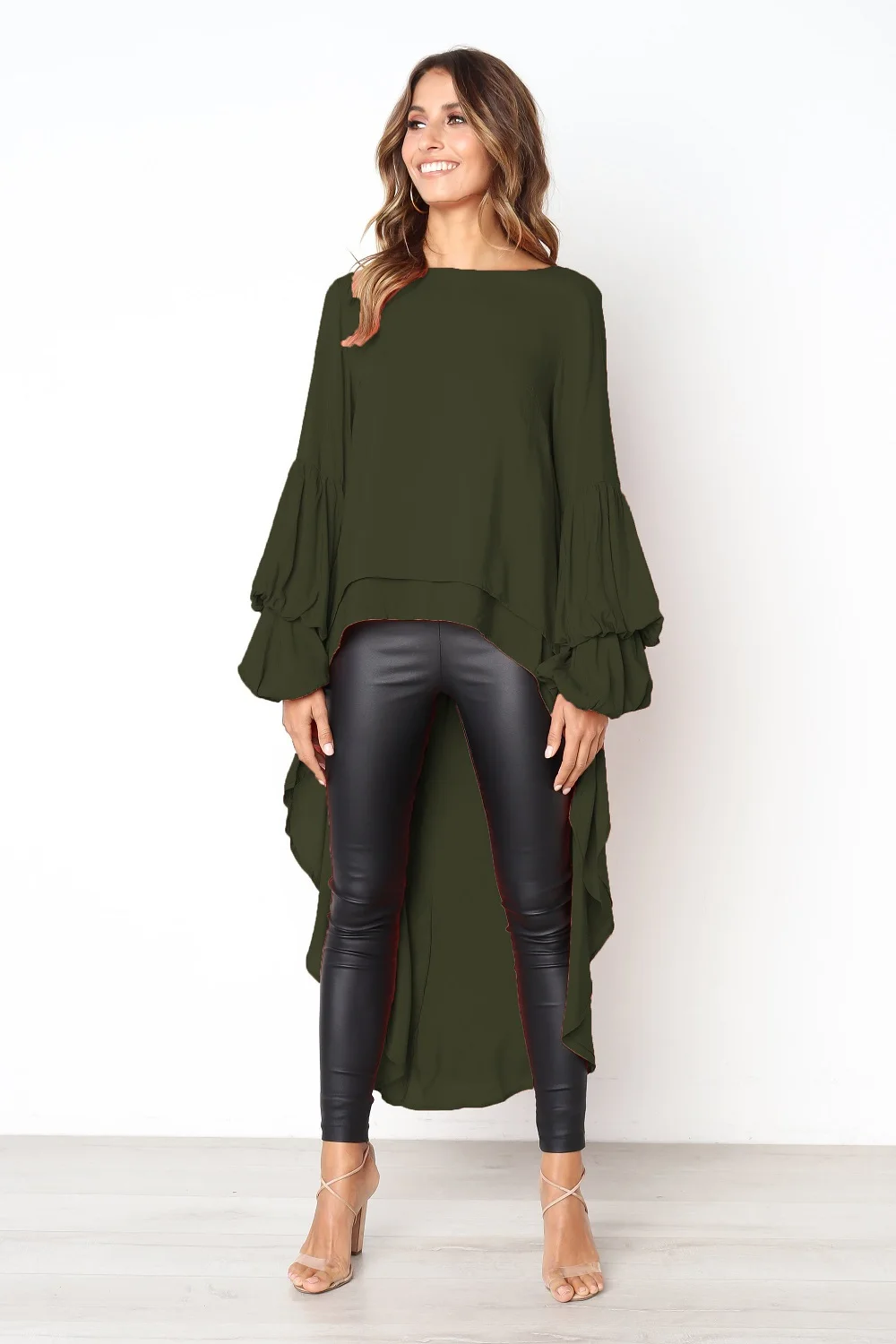 Для женщин Фонари рукав короткое спереди длинное сзади топ с высоким воротом