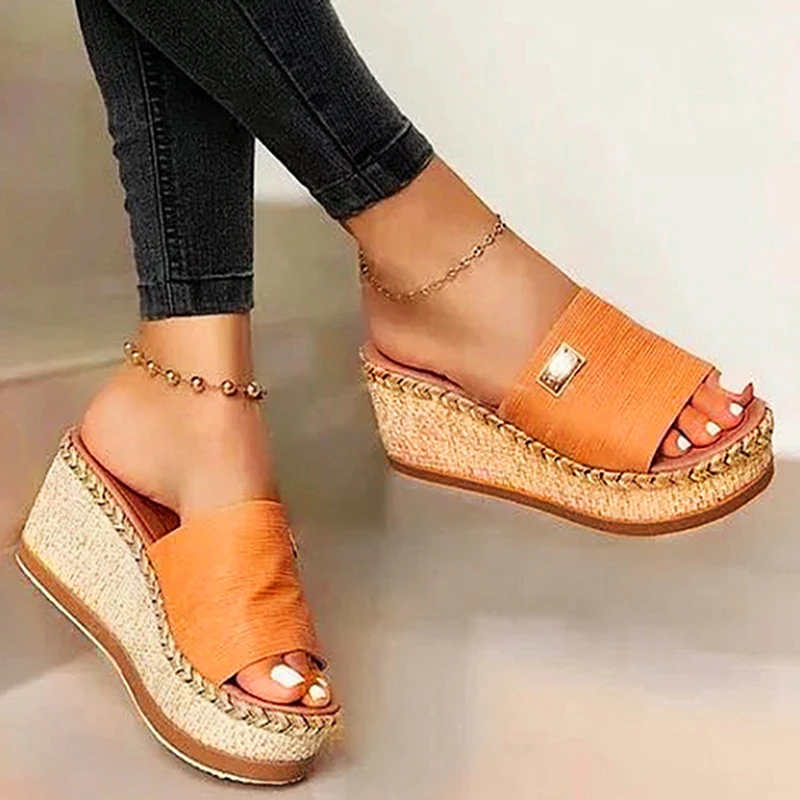

Women's Wedge Sequins Slipper Summer High Heels Slippers Slanted Heel Sandals Fish Mouth Straw Thick Bottom Wedges Slippers