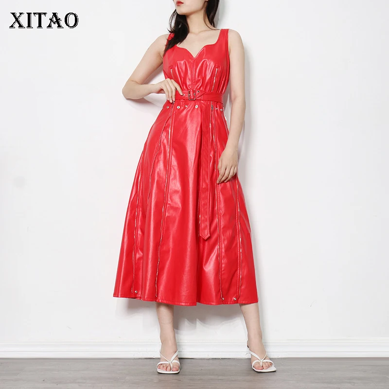 

XITAO, сшитое платье из искусственной кожи, на молнии, с высокой талией, однотонное, маленькое, свежее, повседневное, стильное, Бандажное, Повсе...