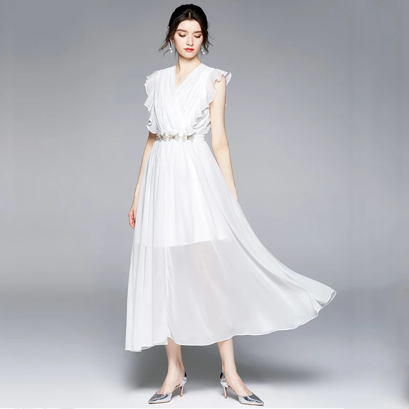 

Luxury Beading White Maxi Party Dress Women Sleeveless High Waist Ladies Elegant Vogue Evening Chiffon Dresses 2021 Summer