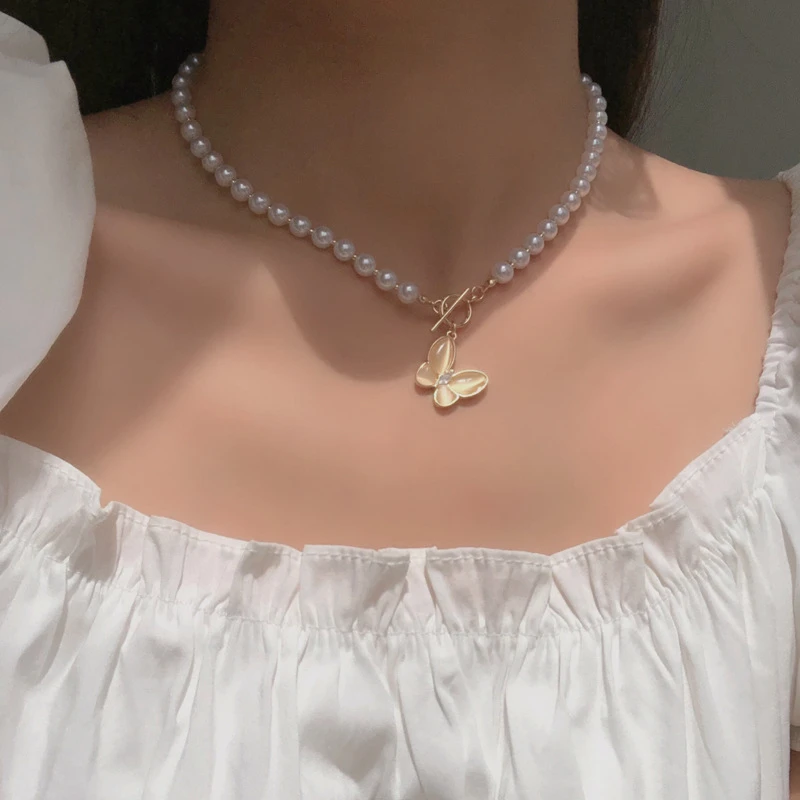 

New Creative Design Imitation Pearl Becklace Alloy Butterfly Shape Pendant Simple Fashion Girlfriend Gift Women's Accessories