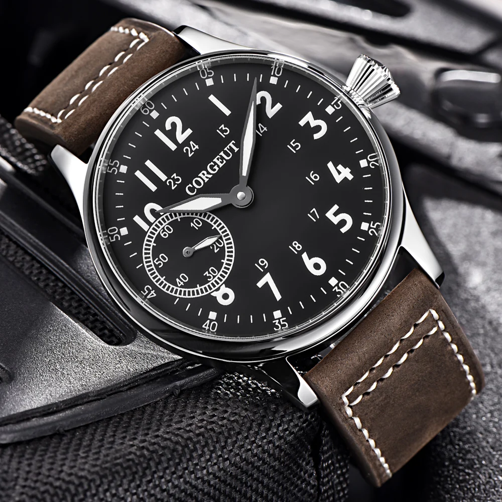 Corgeut 44mm Men Watch Leather Straps Luxury Brand Luminous Waterproof Mechanical Hand Winding Watch Wrist Man Gifts for Men