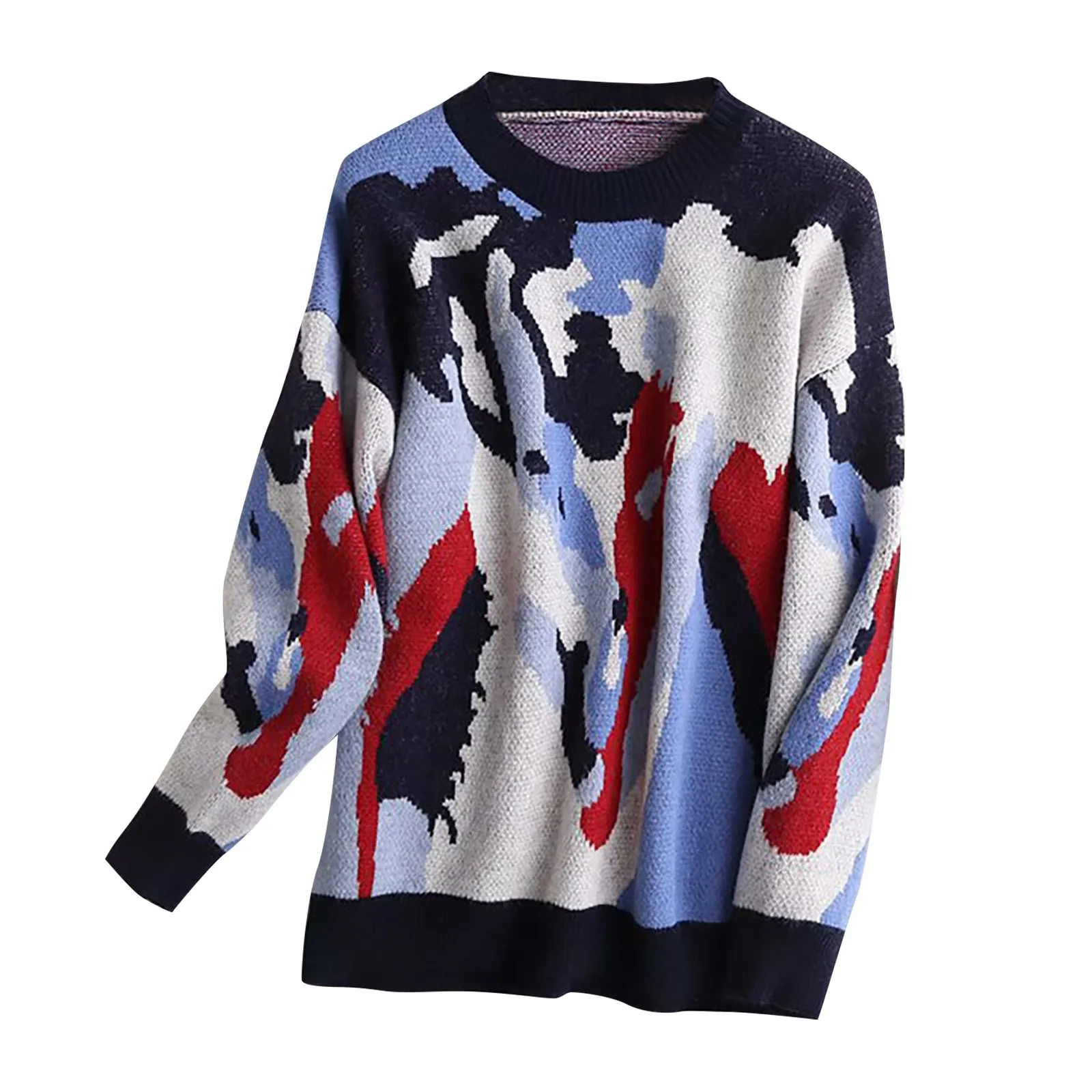 

Sleeve Fashion painting pullover O-Neck sweater contrast Womens Long knit Oil Sweater Casual