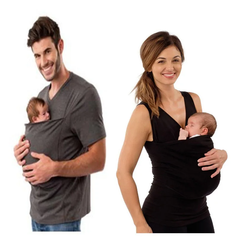 

Summer Family Baby Carrier Pregnancy Clothes Safety Kangaroo T-Shirt For Father Mother With Baby Short Sleeve Big Pocket Tops