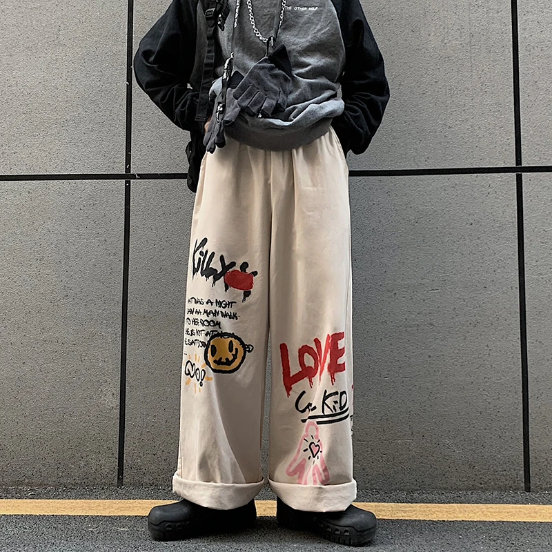 

Autumn Ladies Loose Trousers Harajuku Love Heart Letter Smiley Graffiti Overalls Mopping The Floor Wide-Leg Men Casual Pants
