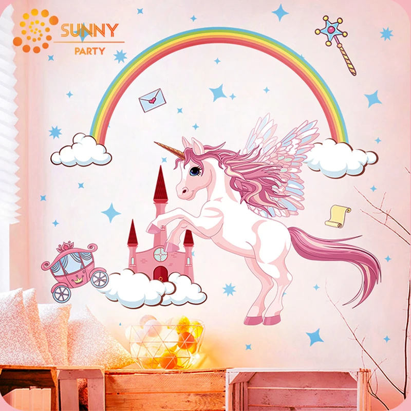 Мультяшная Наклейка на стену в форме единорога Детские вечерние обои для