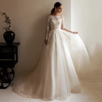 2021 long sleeves vestidos de novia wedding dress scoop neck illusion lace applique organza a line elegant princess bridal gowns