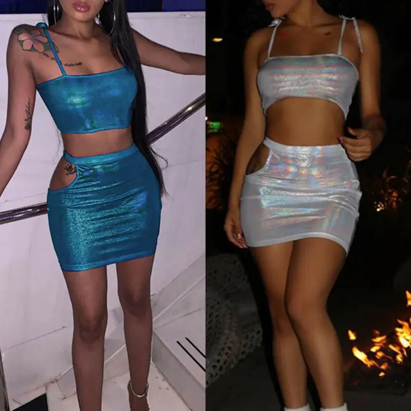 

Glitter Women 2PCS Set Buckles Crop Top Camisole Bodycon Skirt Two Piece Set Shinny club Mini Dress Suit