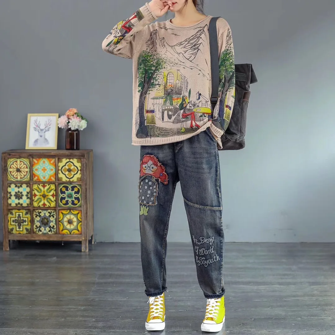 Осенне-весенний свитер для женщин в стиле ретро свободный с круглым вырезом и