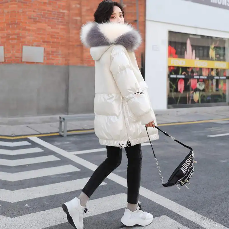 Thick Lamb Wool Stitching Shiny Cotton Coat Mid-Length Women's 2020 New Winter Padded Clothing Down Cotton Coat Female Loose B2