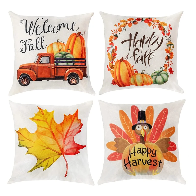 

Fall Pillow Covers 18X18, Fall Decor For Home, Maples Decorative Throw Pillows Set Of 4, Happy Fall Sofa Pillow Case