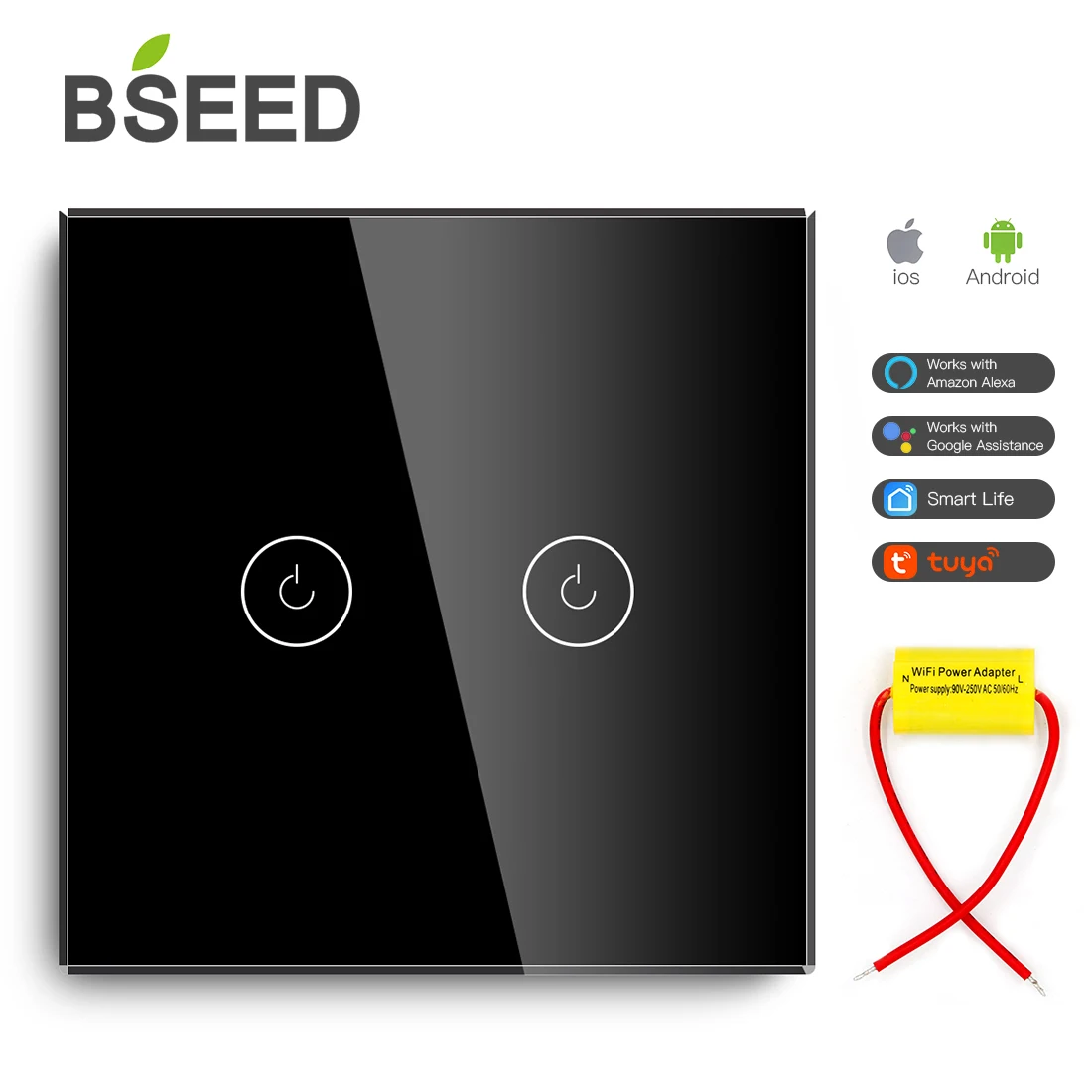 Двухдиапазонный смарт выключатель BSEED с одной линией и Wi Fi стеклянный