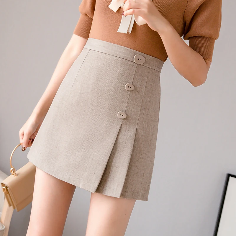 

Women Korean High Waist Slim Thin Elegant A-line Skirts New Summer Female Solid Pleated Skirt with Buttons Office Lady Clothing