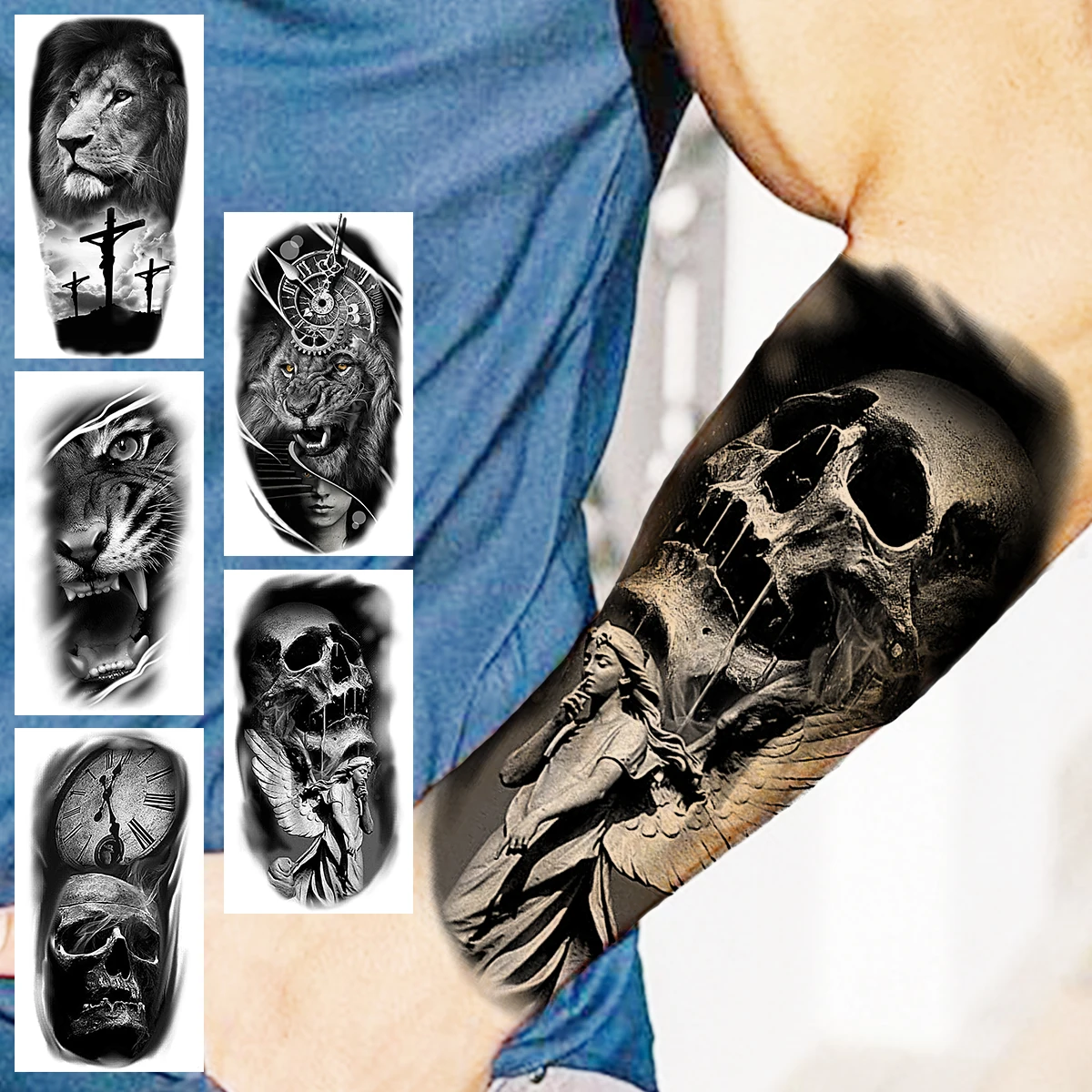 

Black Skull Angel Temporary Tattoos For Men Adults Realistic Lion Tiger Compass Fake Tattoo Sticker Arm Waterproof Tatoos 3D