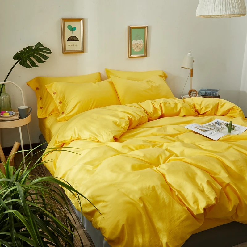

Four-Piece Set Of Solid Color Buttons, Bed Linen, Quilt Cover, Pillowcase, 100%Cotton, Home Comfort, Bedding, Stylish And Simple