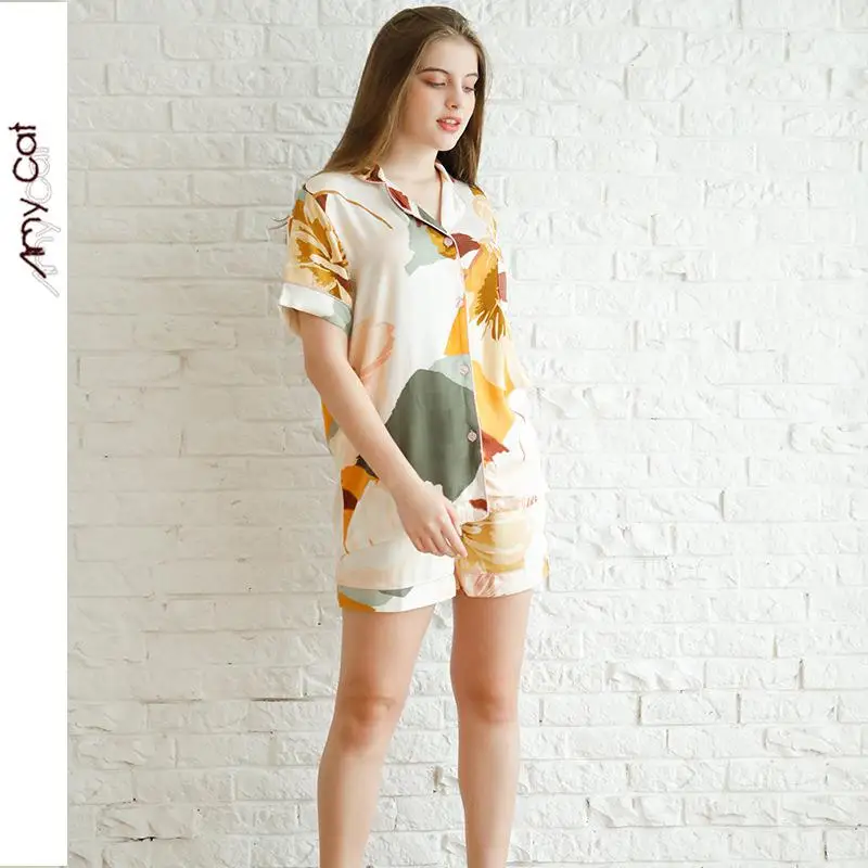 CEARPION Femme Пижамный костюм с цветочным принтом с длинным рукавом 2 шт. рубашка+ брюки Ночное белье повседневные женские пижамы комплект одежда для сна хлопок - Цвет: Short Sleeve-Shorts1