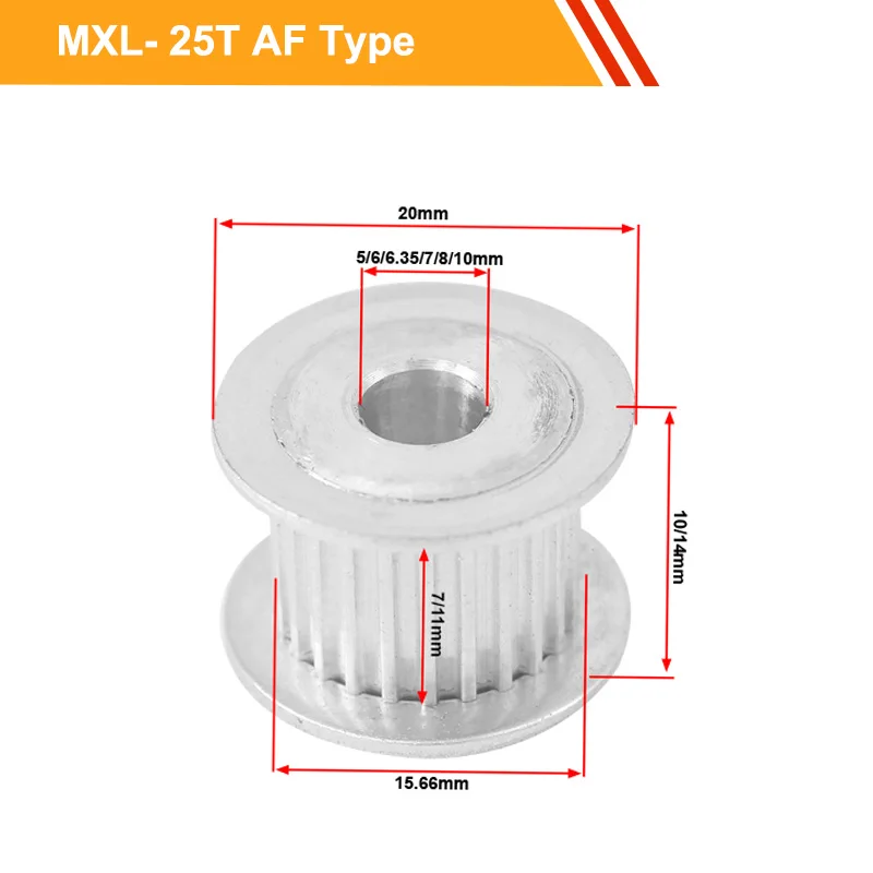 

MXL 25T Transmission Pulley 7mm/11mm Belt Width MXL Type CNC Belt Pulley 5/6/6.35/7/8/10mm Bore Aluminium Pulley Wheel