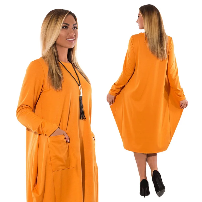 Женское длинное платье с карманами свободное круглым вырезом и для беременных