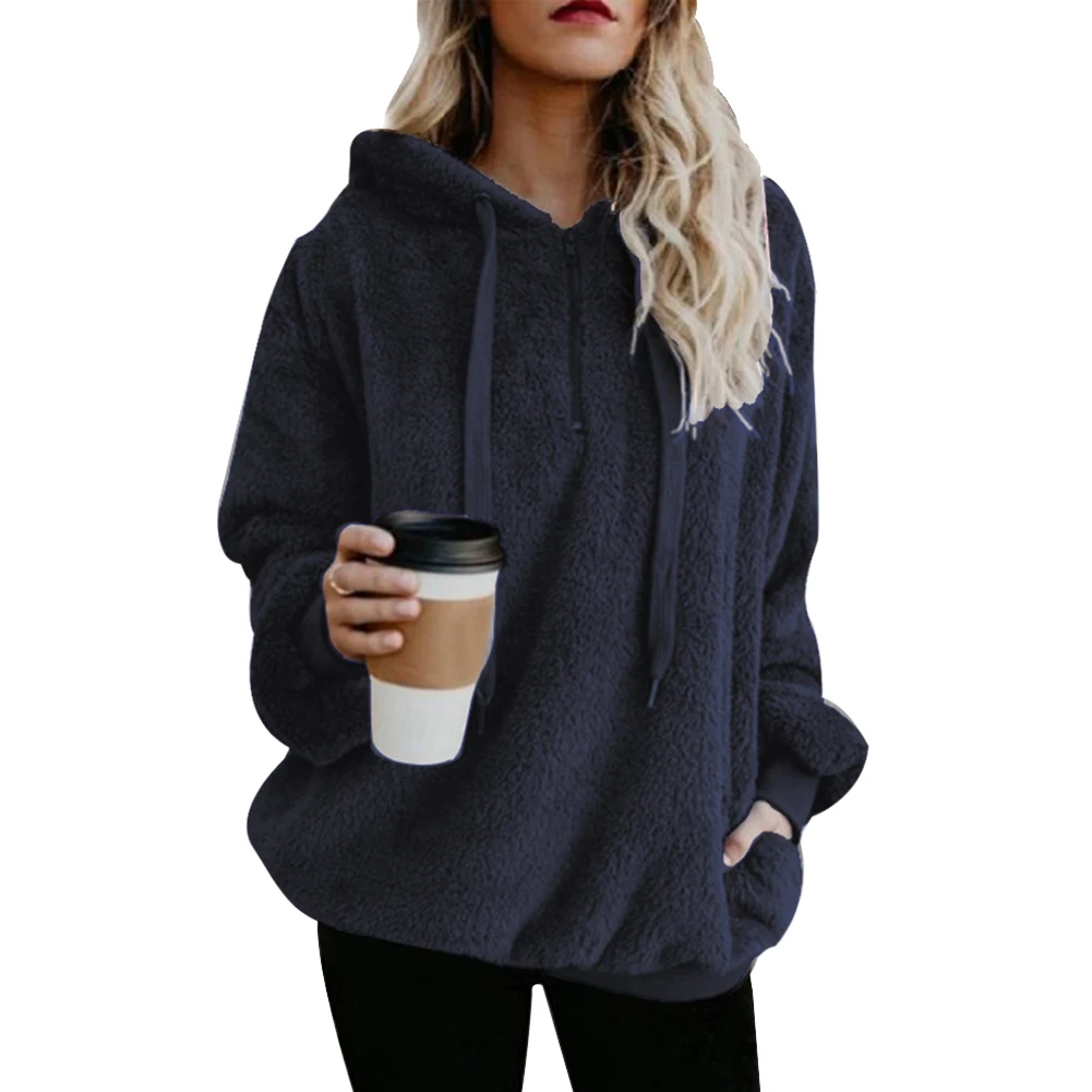 Women Autumn Winter Fleece Hoodie Solid Color Long Sleeve Drawstring Hooded Sweatshirt Loose Ladies Pullover