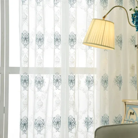 

Curtains for Living Dining Room Bedroom Tulle Sheer Yarn High-grade Blue Modern European Style Balcony Flower Embroidery