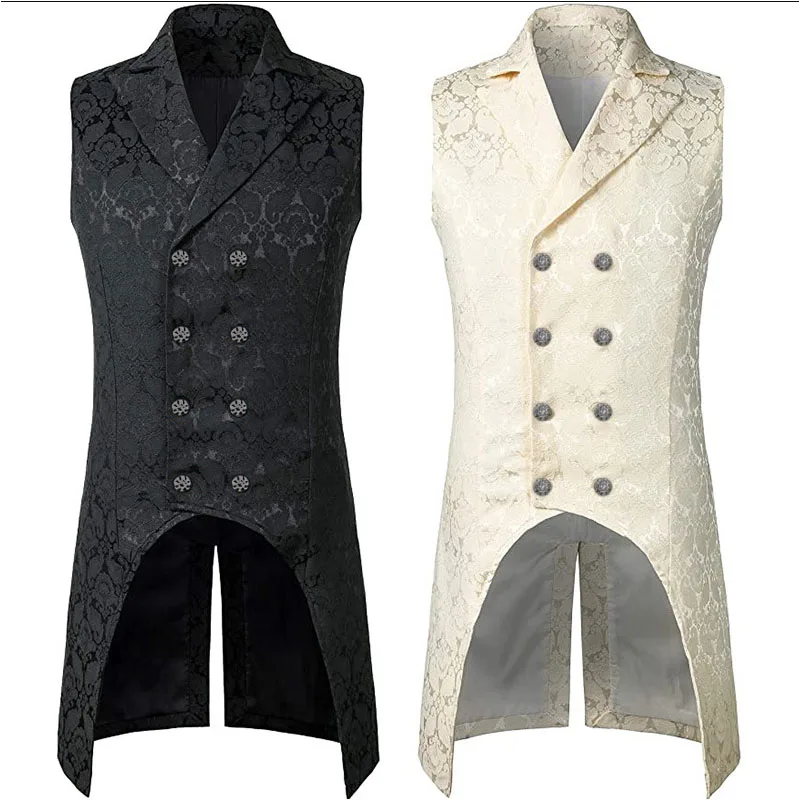 

Mens Gothic Steampunk Vest Double Breasted Sleeveless Jacquard Tailcoat Medieval Victorian Cosplay Dress Waistcoat Stage Costume