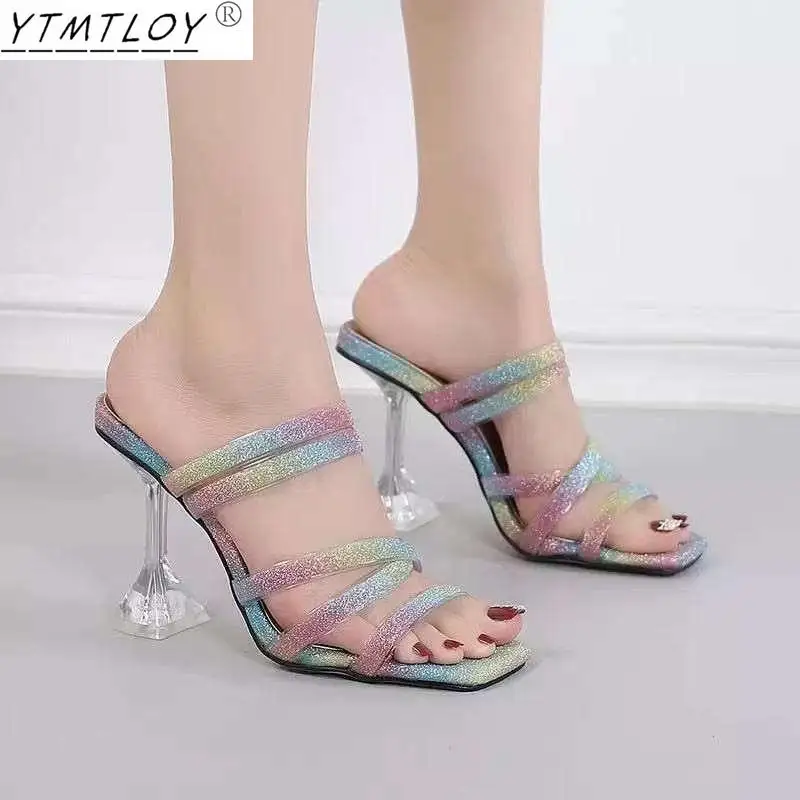 

Новинка 2021, стильные сандалии стразы из искусственной кожи, женские сексуальные летние сандалии-гладиаторы с открытым носком на высоком ка...