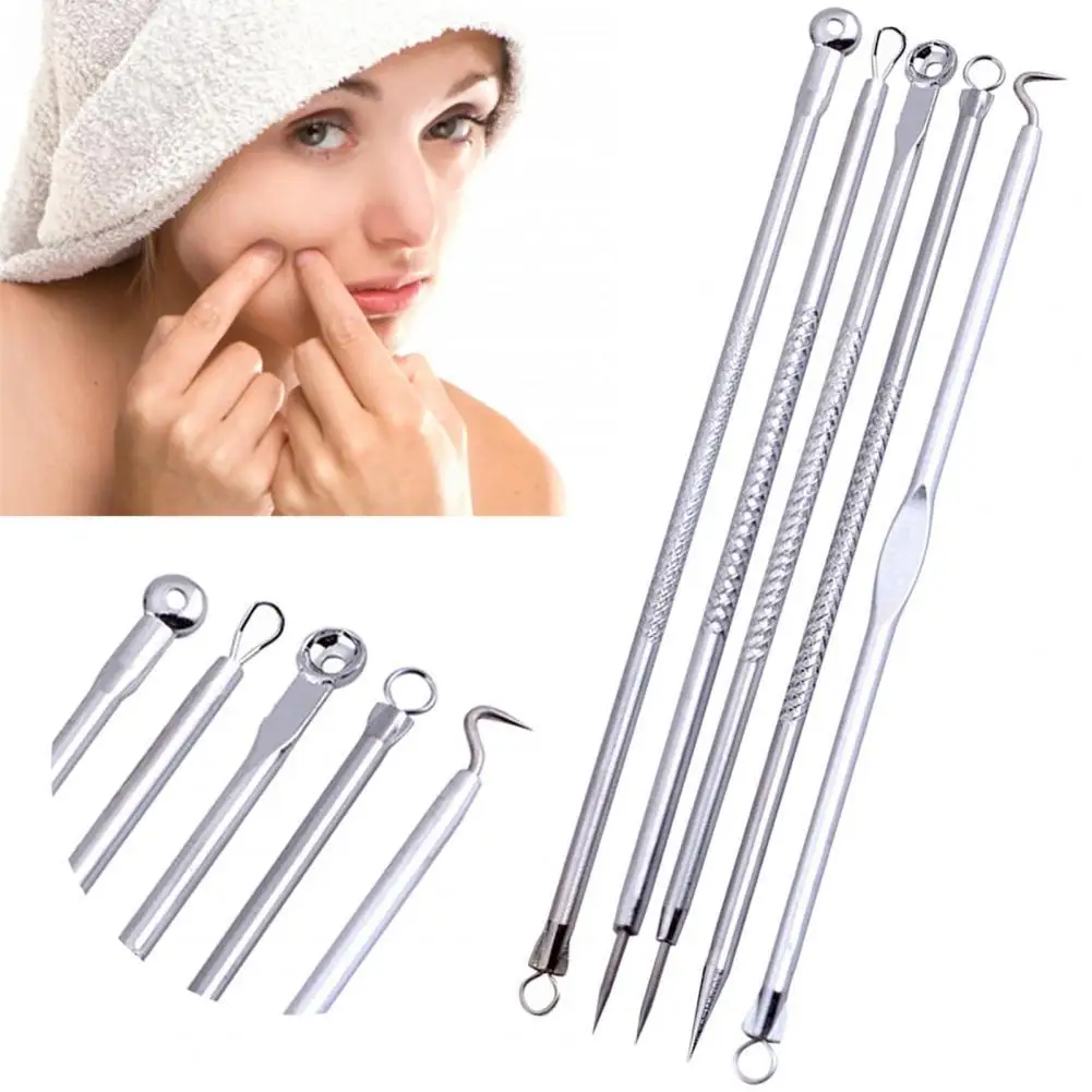 

5Pcs/Set Acne Extractor Tool Non-slip Handle Blackhead Remover Stainless Steel Double Ended Needles for Pimple