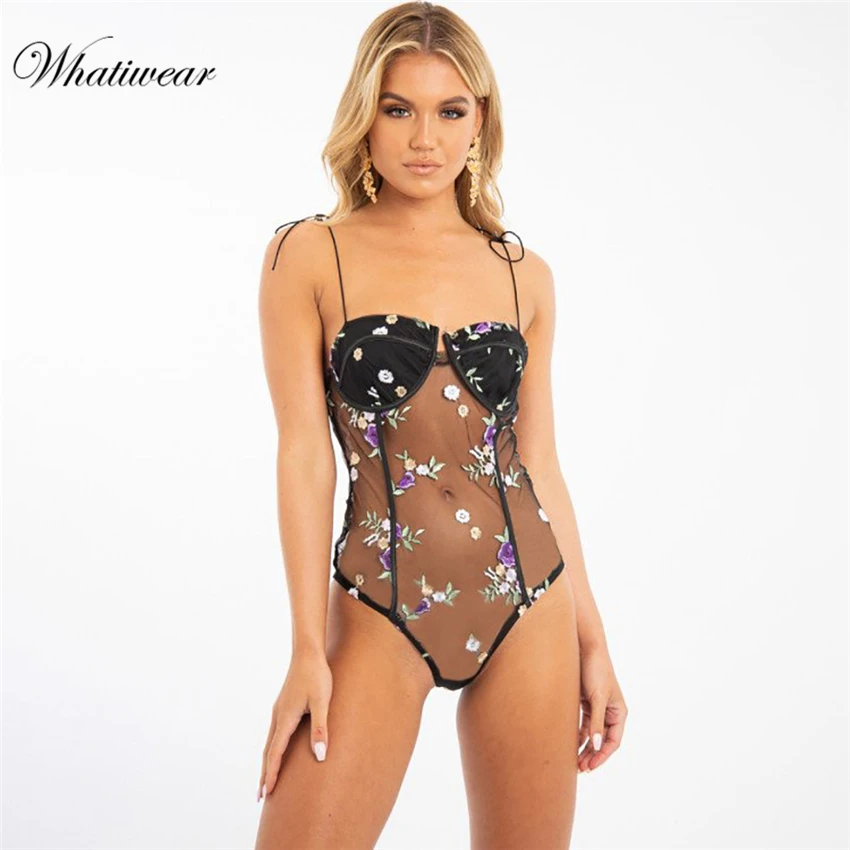 Whatiwear Кружевное боди на шнуровке с вышивкой женское Горячие сексуальные Тедди 2019