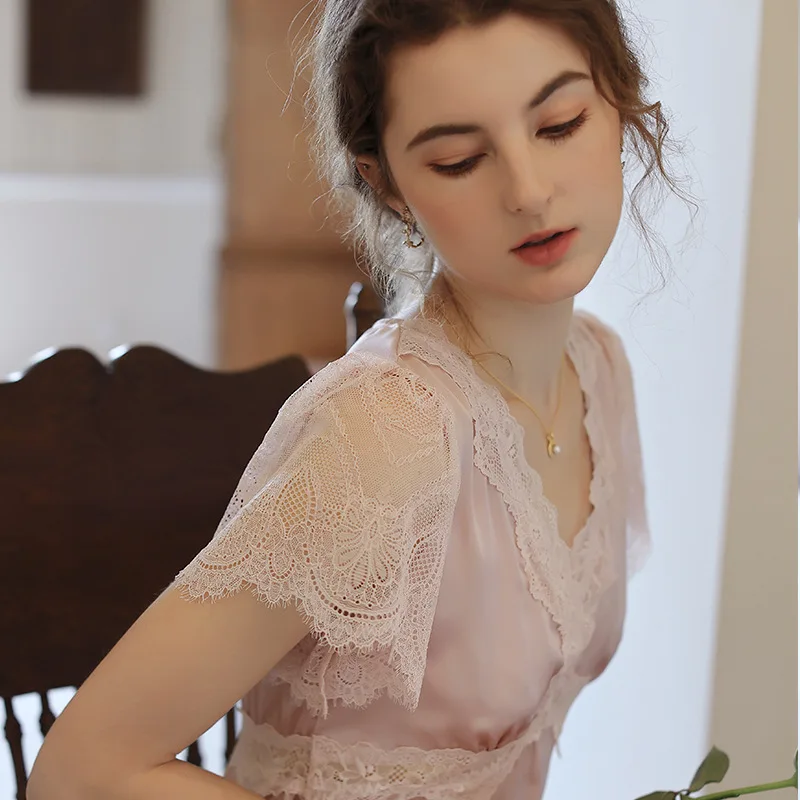 Roseheart Women Homewear Pink Sexy Sleepwear Nightdress V Neck Lace Nightwear Long Luxury Nightgown Female Court Gown Sweet