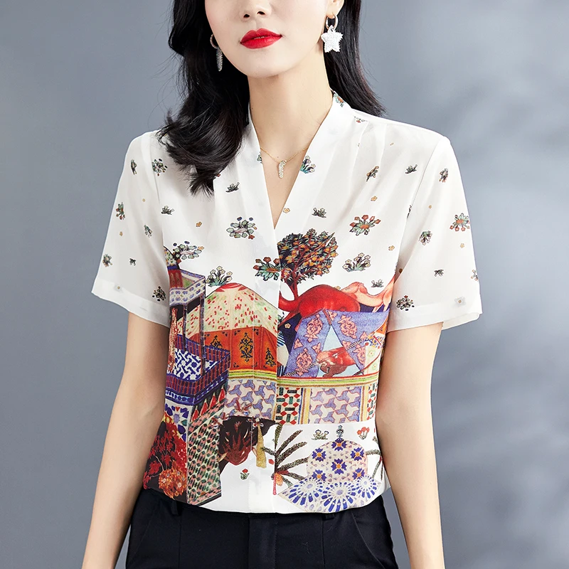 Summer Women White Shirt Elegant V-neck Short Sleeve Loose Shirts Blouses 100% Pure Real Silk Office Lady Printed Blouse Tops