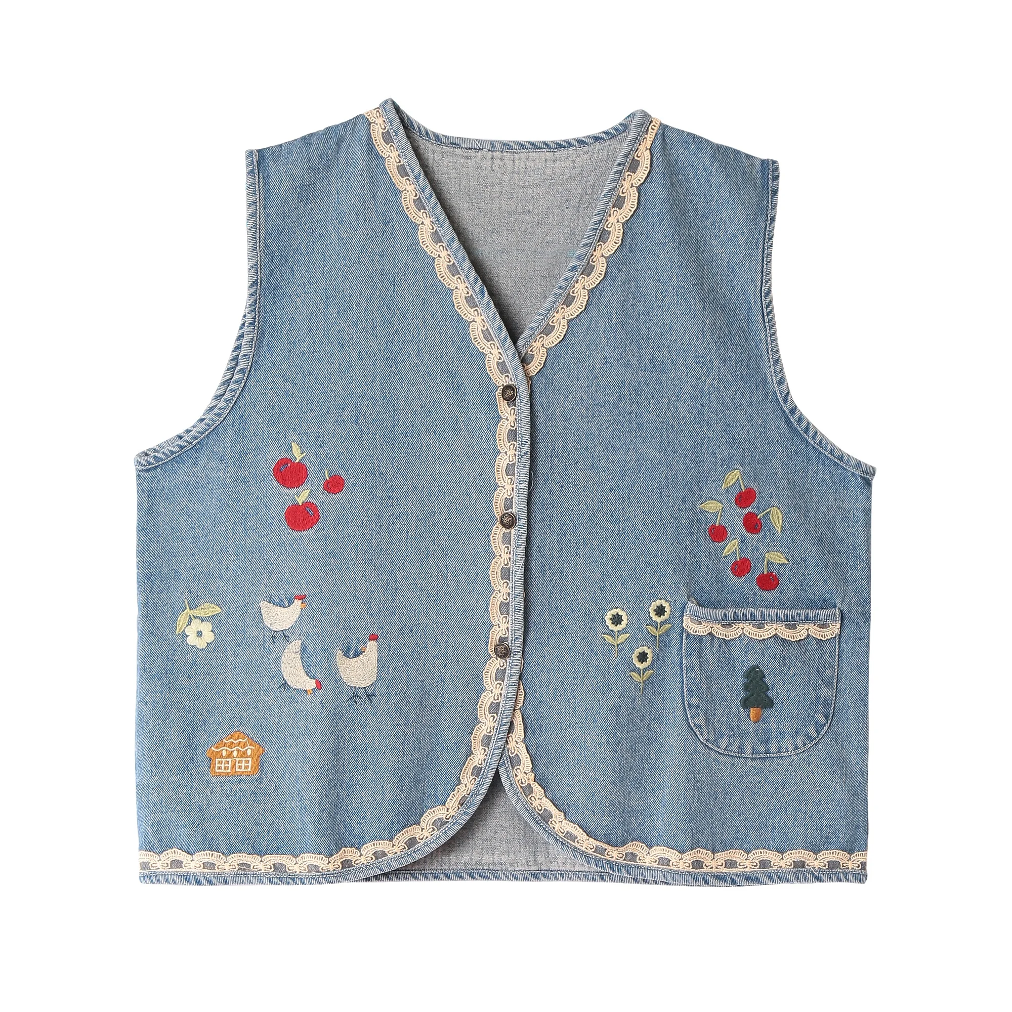 

Autumn New Women Denim Outwear Coat Vest Loose Waistcoat Cartoon Embroidery Lace V Neck Chic Preppy Style Denim Vests