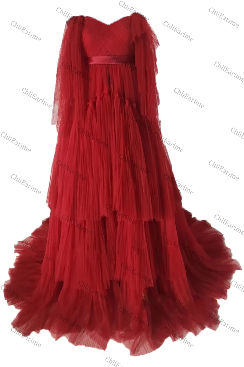 Burgundy-Red-Maternity Wear-Folds-Tulle Long Dress Robe