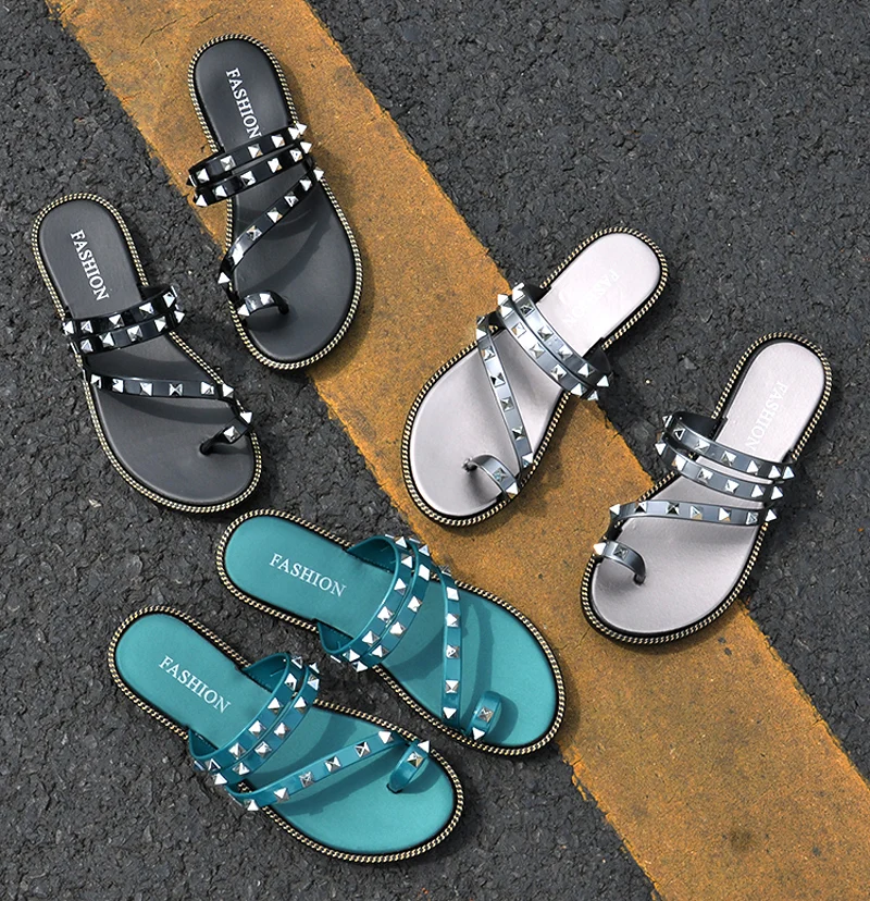 Fashion Women Summer Slippers Slide Sandals Beach Bling Rivet Soft Sole Toes Flip Flops Non-Slip Flat Shoes Zapatillas Mujer | Обувь