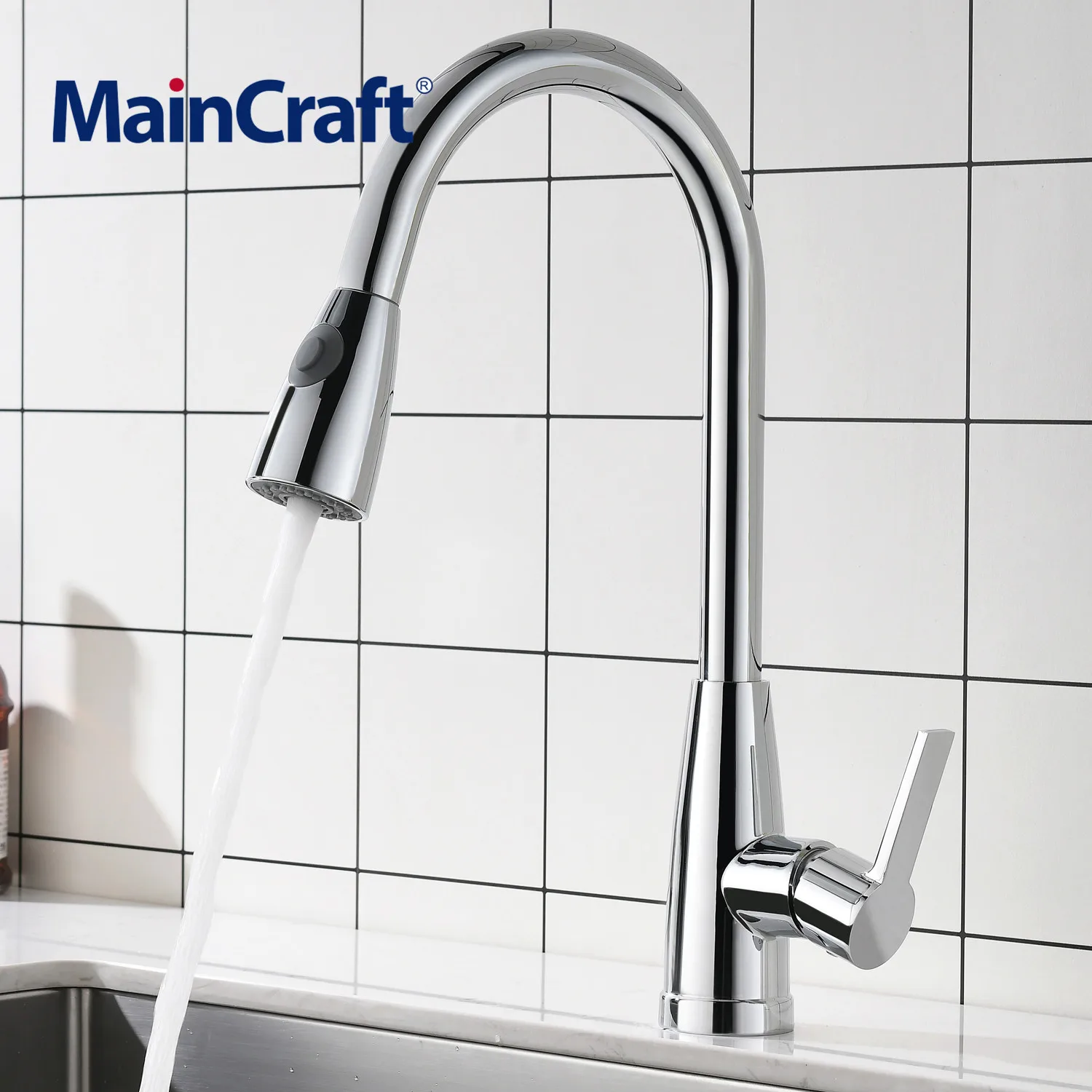 

High Quality Kitchen Sink Faucets Exports Atomization Pull Down Silver Faucets Hot and Cold Mixer Water Tap Single Handle