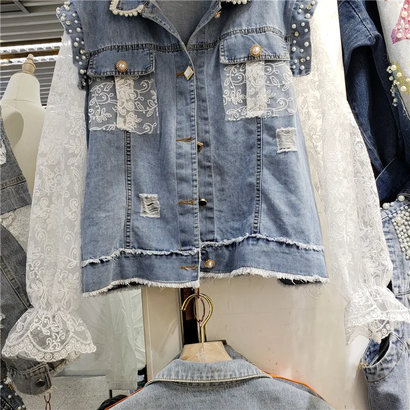 

Spring Summer 2021 Lace Patchwork Denim Jacket Women Casual Coat Manual Beaded Hook Flower Hollow Out Frayed Hole Jeans Jackets