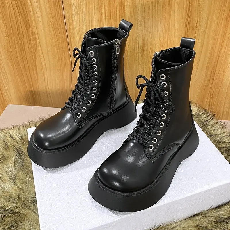 

Female Zipper Lace Up Autumn Shoes Dropshipping Winter Boots Ladies PU Leather Ankle Boots Women Fashion Black Platform