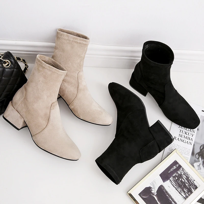 Бежевые Женские Ботинки martin из замши на осень и зиму теплая плюшевая обувь меху