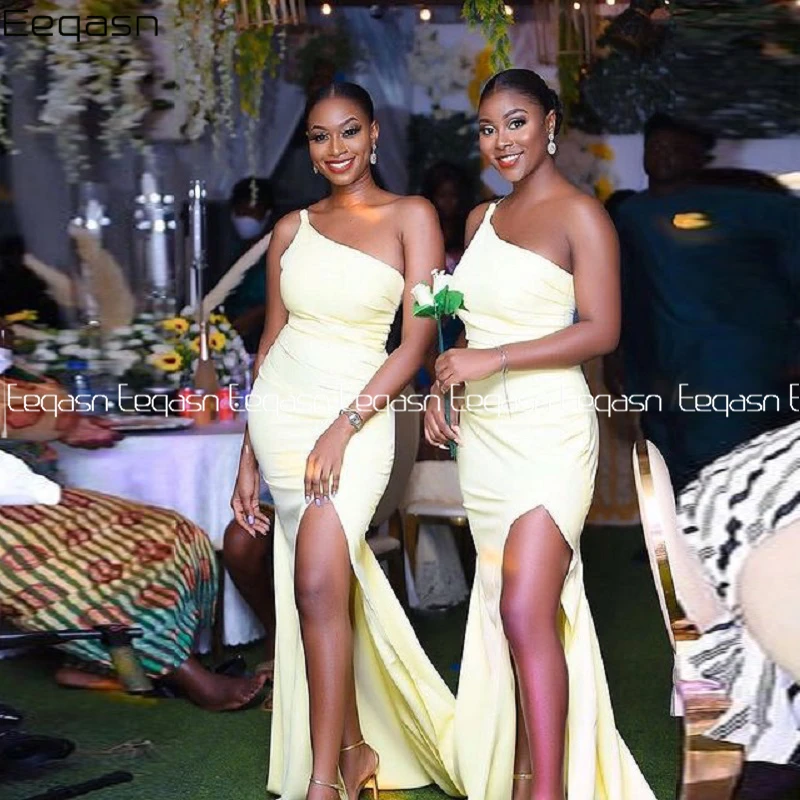 Недорогое бежевое вечернее платье-Русалка на одно плечо с разрезом для свадьбы