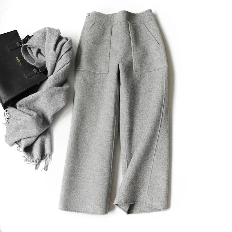 Winter High-end double-sided wool casual pants women fashion office lady wool wide leg pants female 2022 autumn warm pants K277