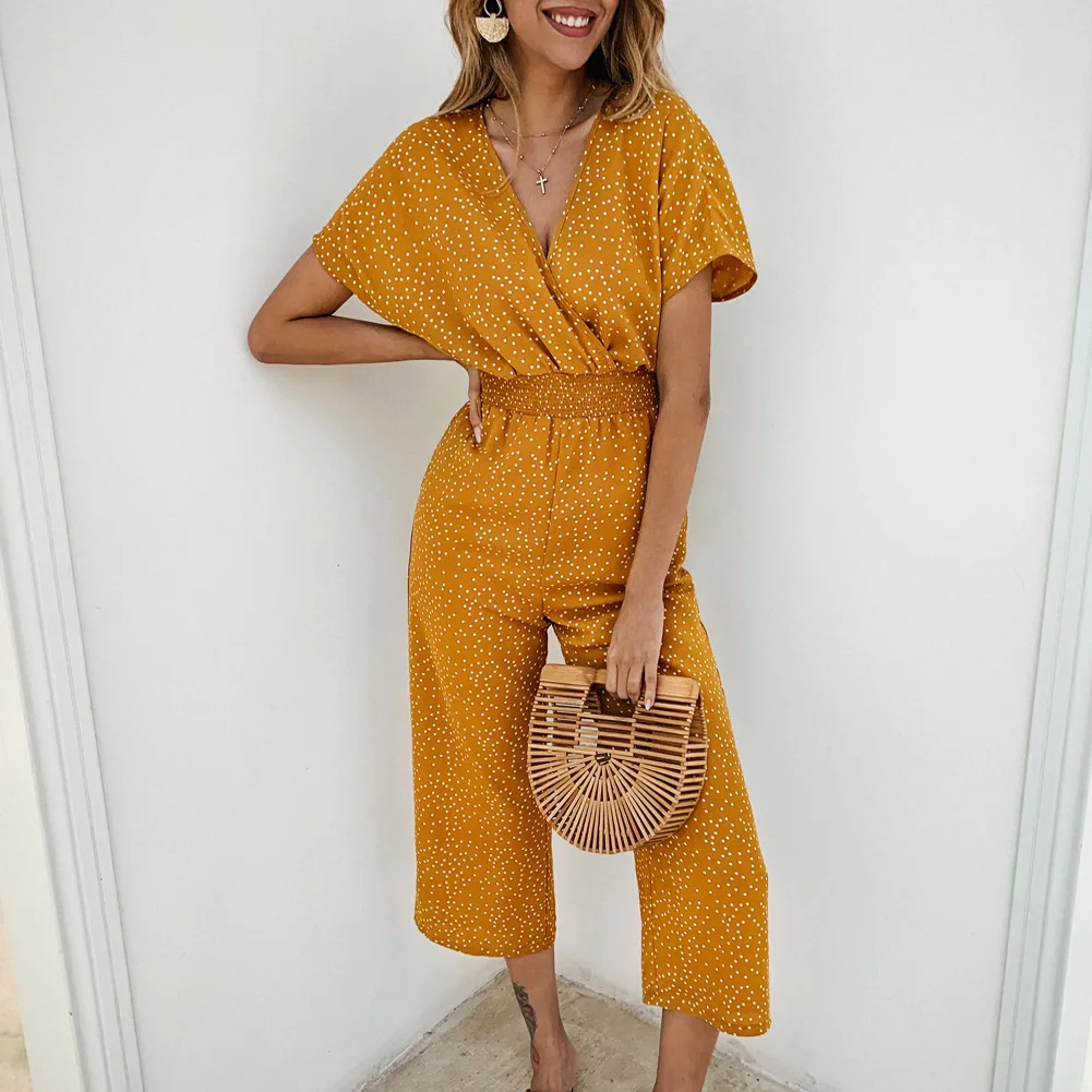 

New Product Summer 2021 Fashion Casual Printed V-neck Pocket Women's Jumpsuit