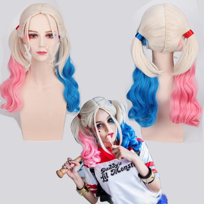 Wig Женский отряд самоубийц Харли Куинн Косплей Костюм женский фильм клоун Харли Куинн костюм на Хэллоуин Карнавал - Цвет: Wig