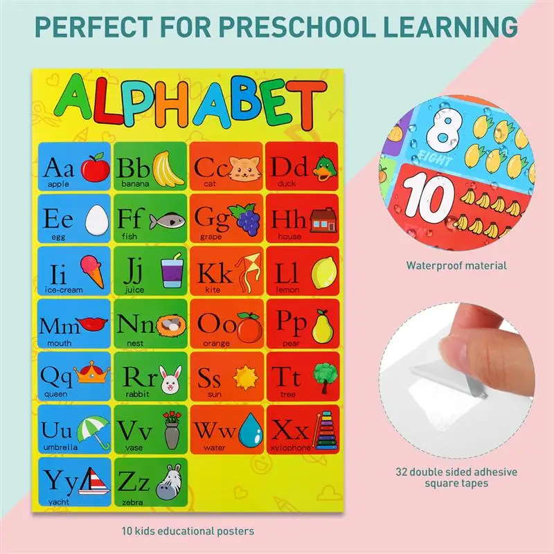 

10 Pcs Educational Posters Charts Alphabet Letters Colors Days Of The Week Numbers Farm Animals Seasons Weathers Months Shapes