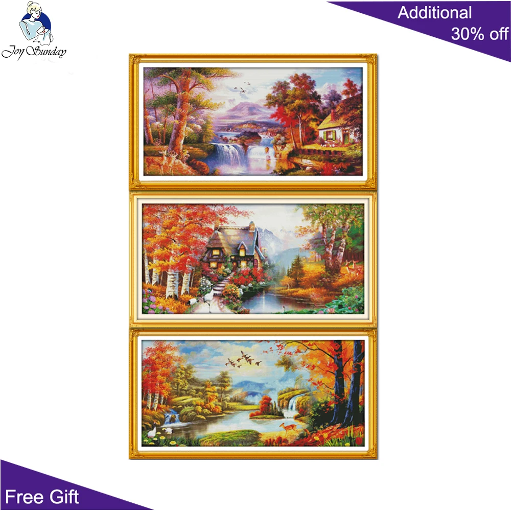 Joy Sunday Золотой пейзаж F451(4)F464(2)F465(1) 14CT 11CT подсчитанный и отпечатанный дом мечты