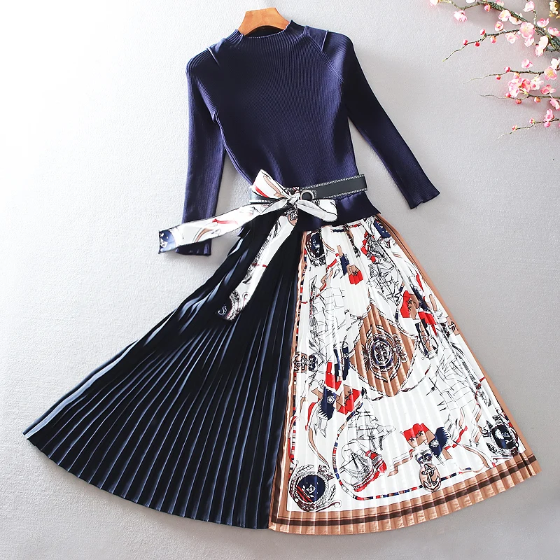 Runway Design Женские вязаные платья 2019 Осенний вязаный топ с принтом Шить