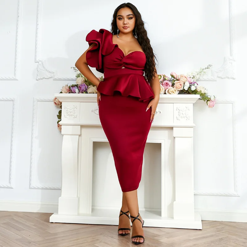 

JIAK 2021 Plus Size Sexy Dresses Women Summer Ruffles One Shoulder Dress Strapless Backless Red Midi Party Elegant Vestidos Robe