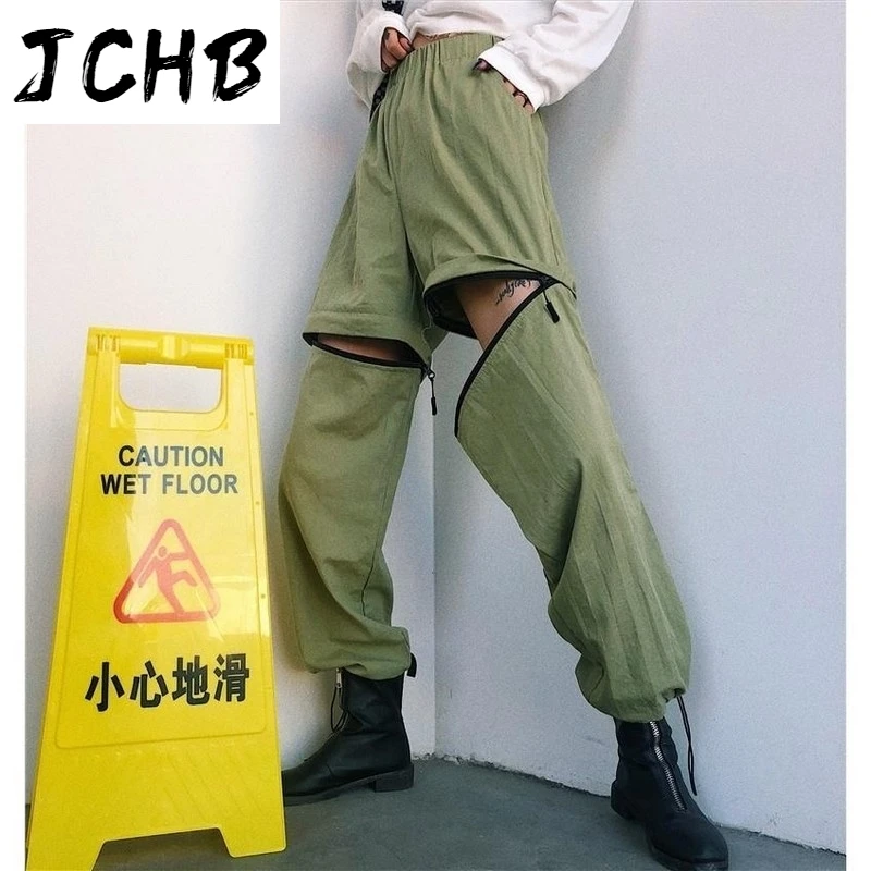 

2021 New Korean Streetwear Women's Clothing Harajuku Ulzzang Letter Print Personality Zipper Detachable Loose High Waist Carg